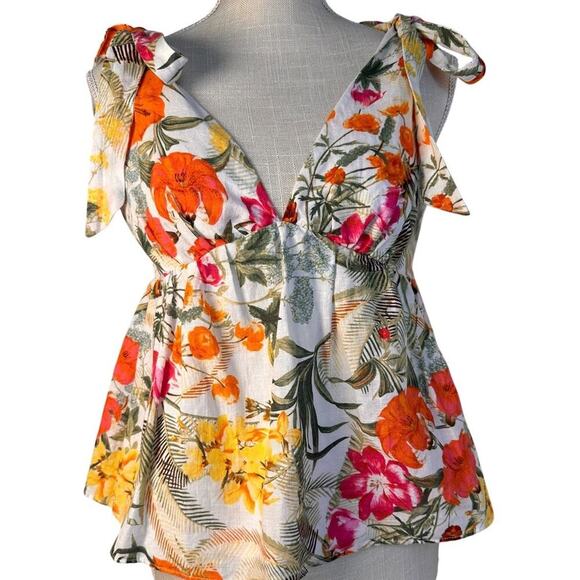 Chelsea & Violet Tropical Floral Linen Blend Babydoll Y2K Tie Straps Tank Top M - Picture 5 of 12
